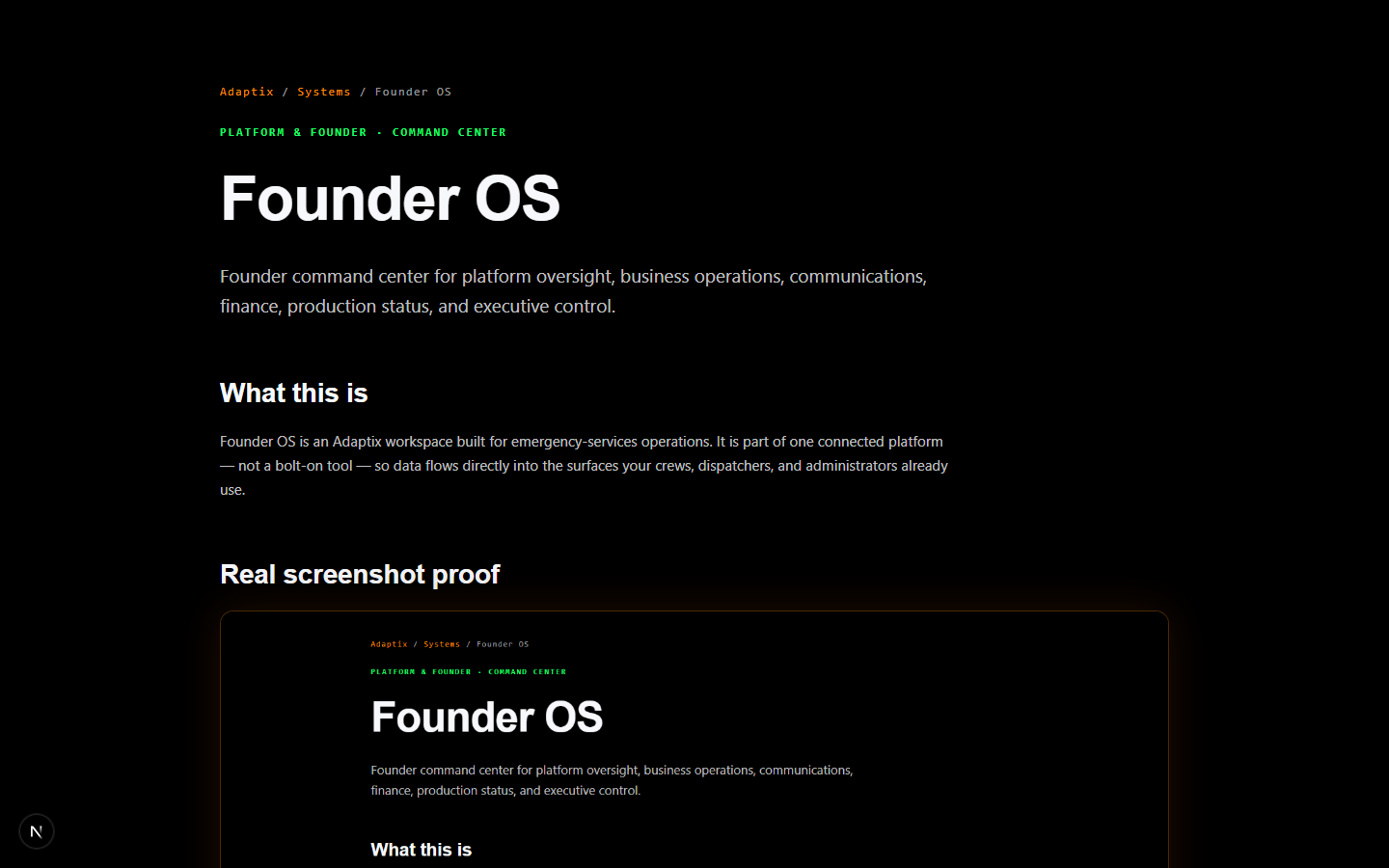 Current Adaptix Founder OS screen